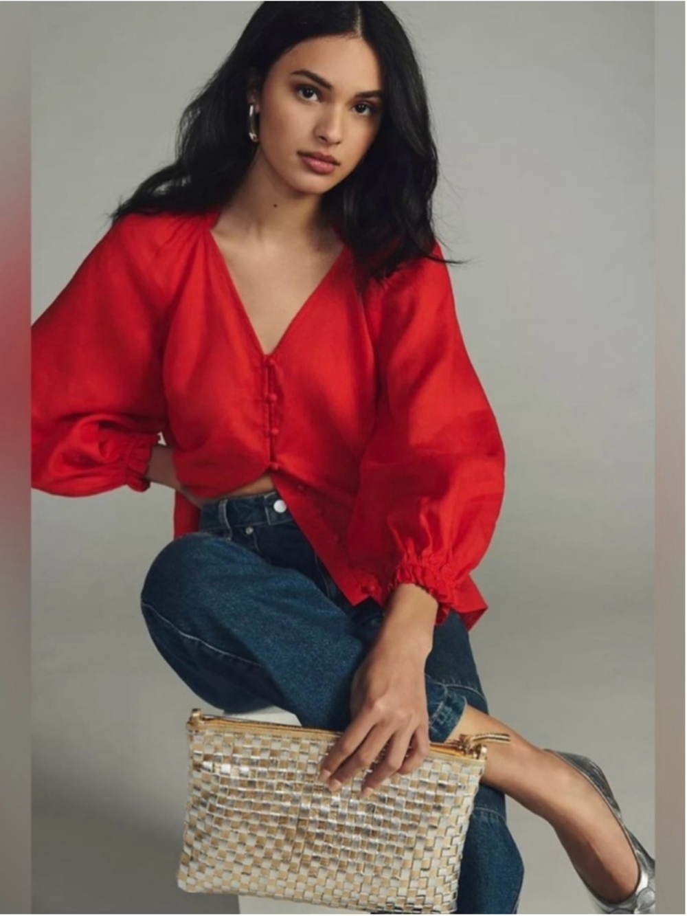 Maeve Anthropologie Linen The Audie Puff
Blouse Red Size Small